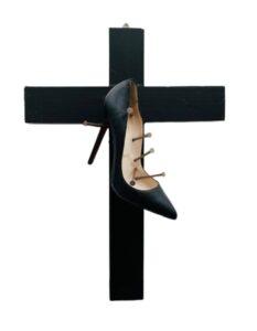 Willing Sinner_ Louboutin shoe and wooden cross_ 37cm x 50cm